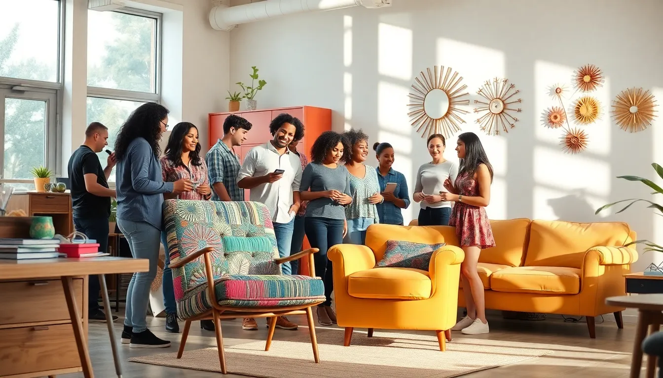 diverse people creating upcycled furniture in a vibrant community space.