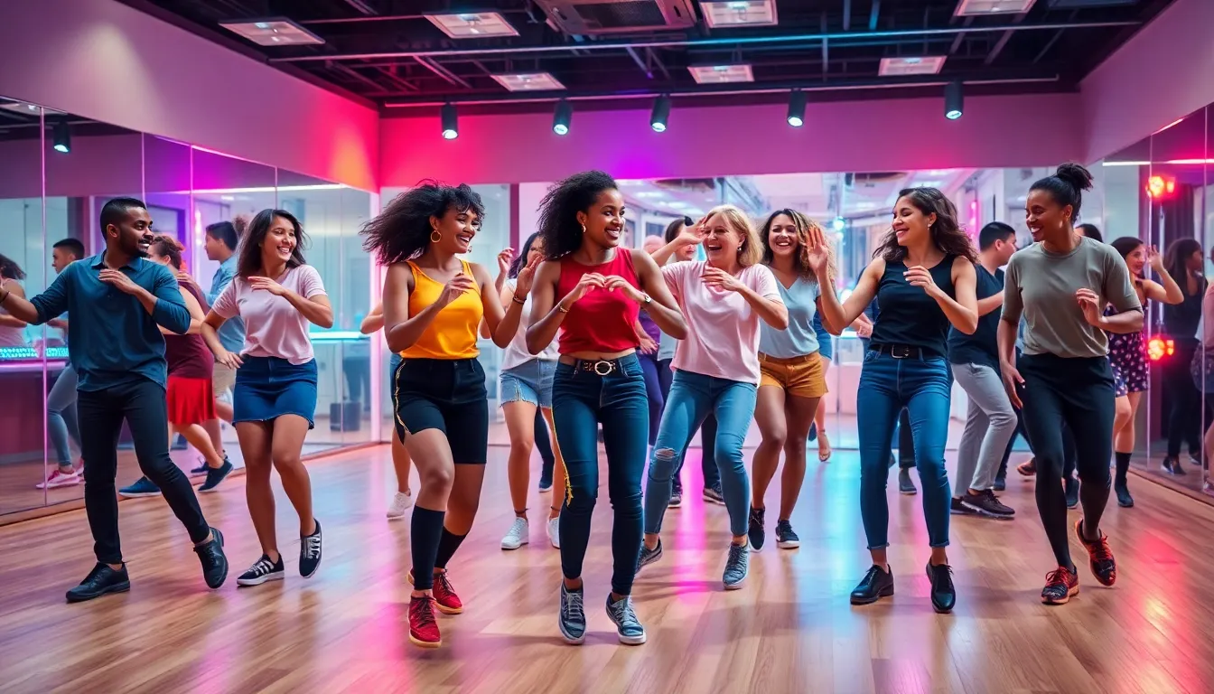 diverse group of dancers enjoying a lively session in a modern studio.