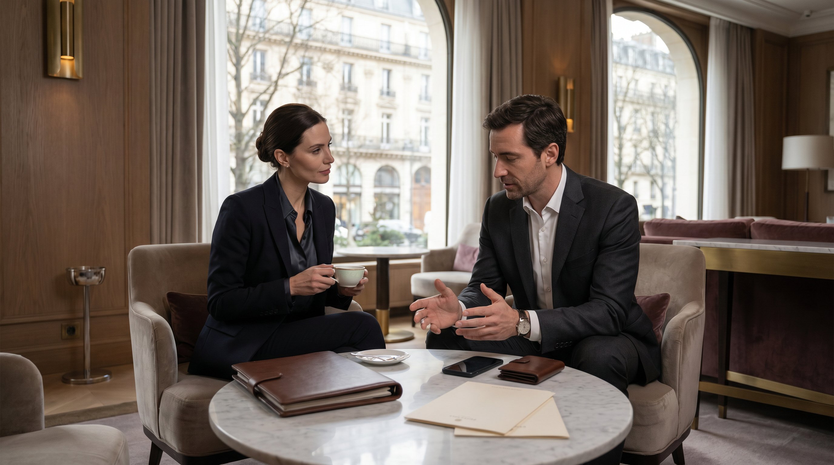 Elegant pair meeting discreetly in a luxury Paris hotel lounge.