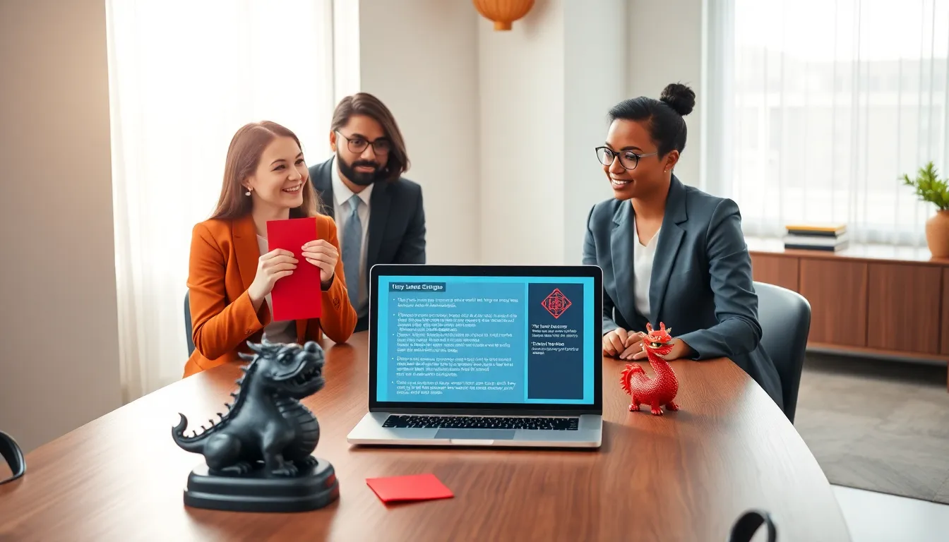 diverse team discussing Chinese luck in a modern office.