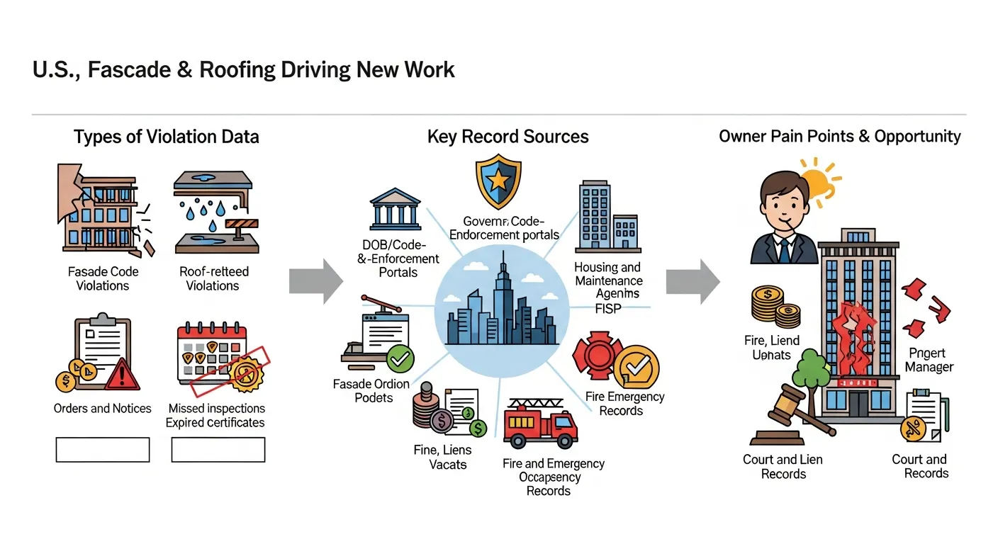 Infographic showing how violation data sources translate into risks and roofing job opportunities.