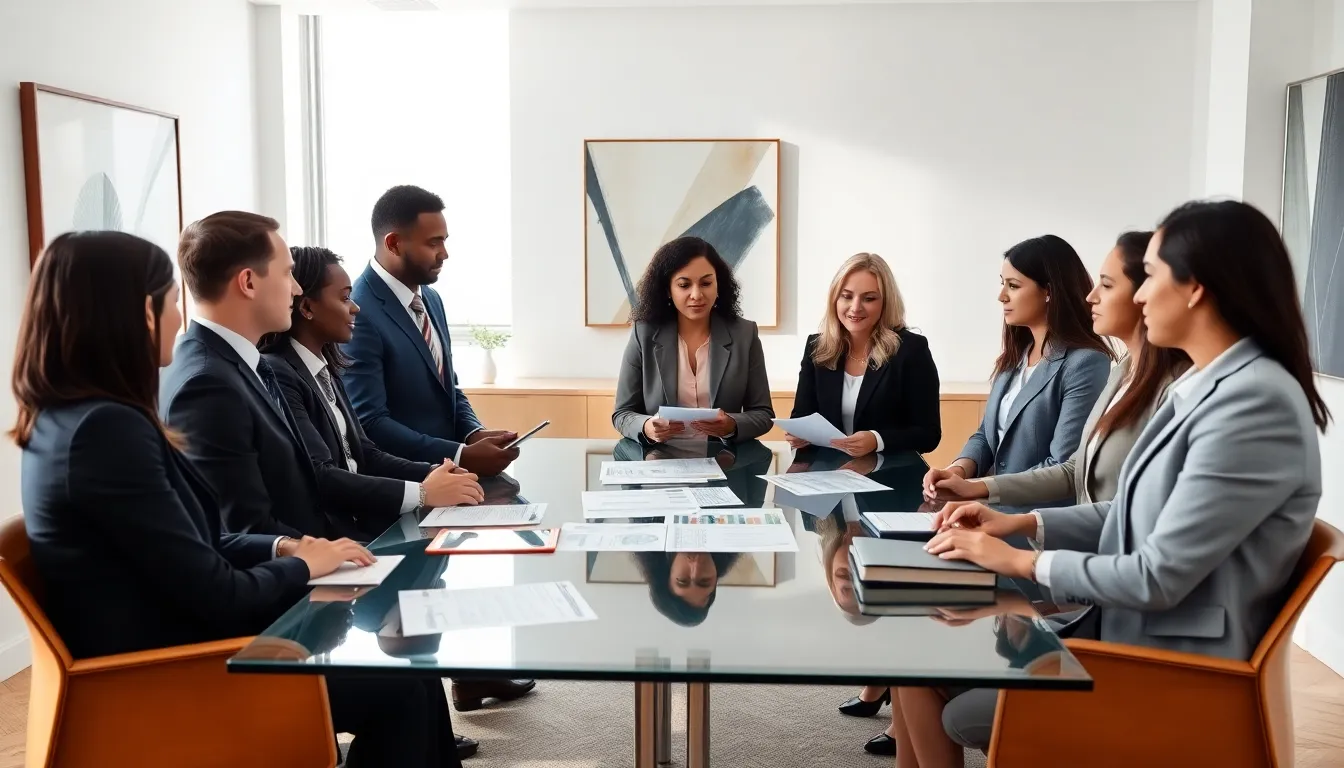 diverse professionals discussing financial freedom in a modern conference room.