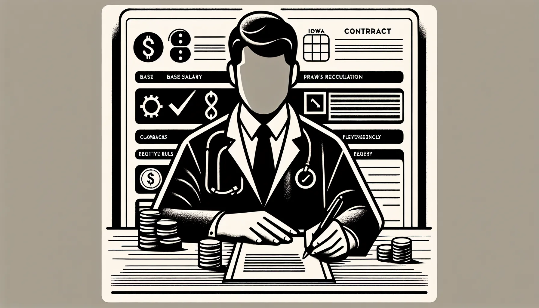 Veterinarian reviewing a pay contract showing salary, percentage, clawback, calendar.