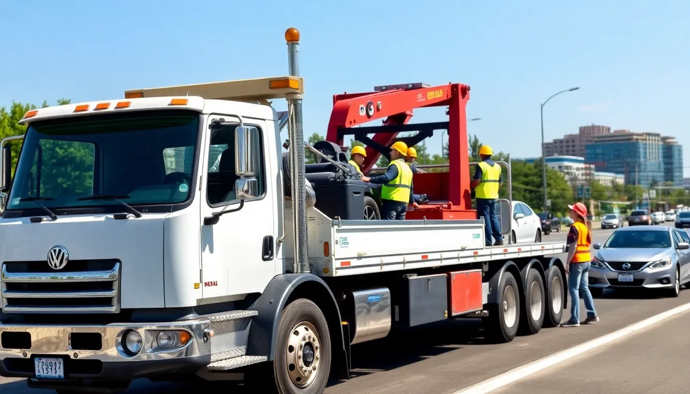 Tow truck with diverse drivers assisting a sedan on a busy roadside.