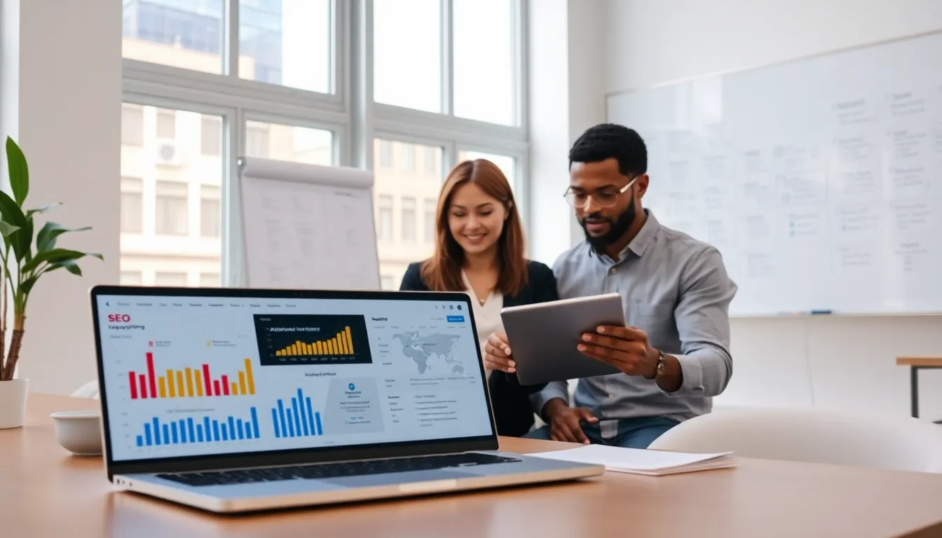 diverse team collaborating on an SEO copywriting checklist in a modern office.