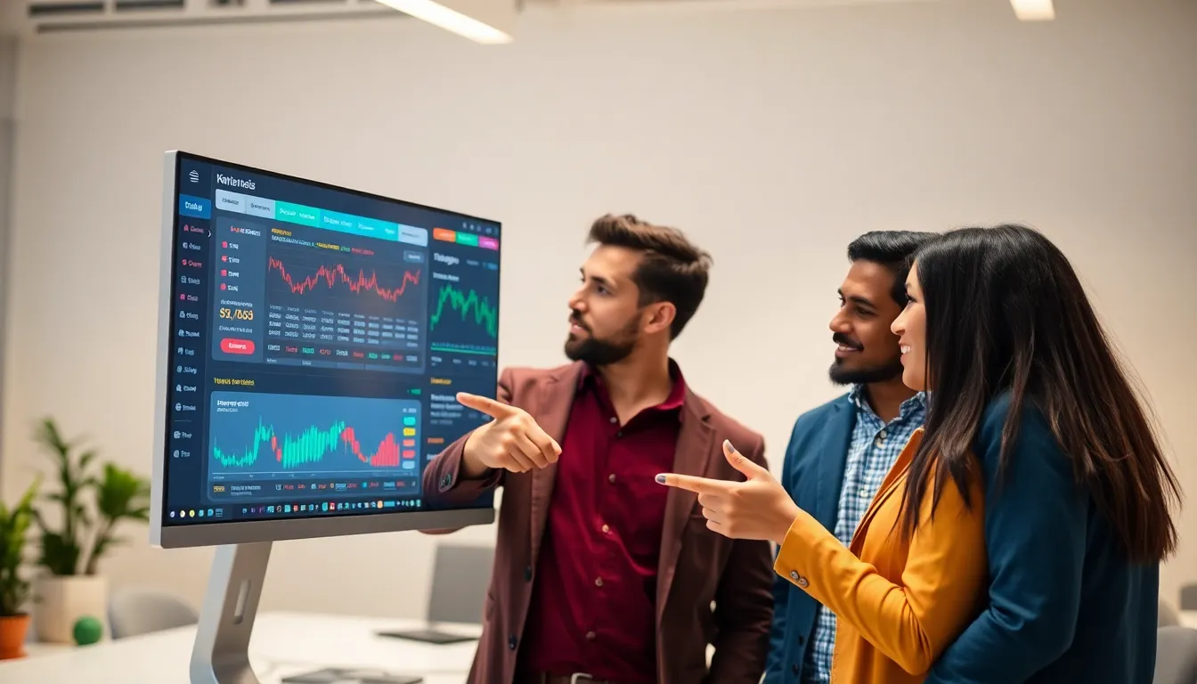 diverse professionals exploring a cryptocurrency trading platform.