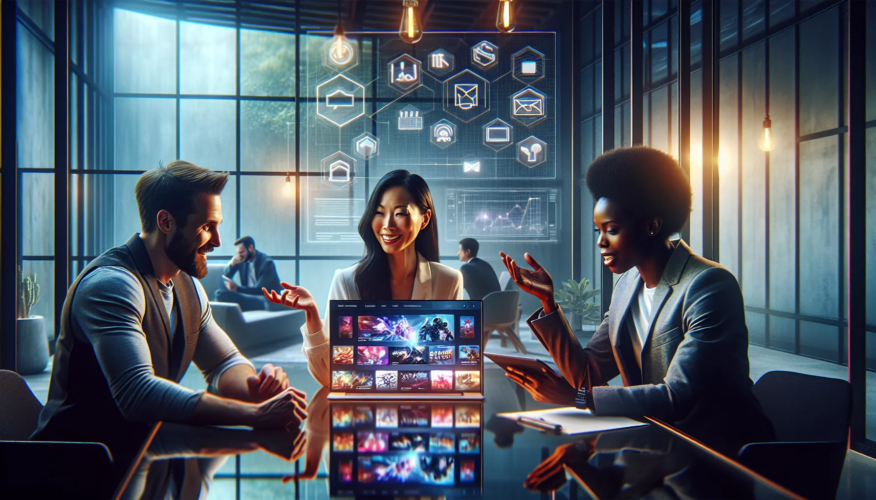 team discussing Meshgamecom in a modern office.