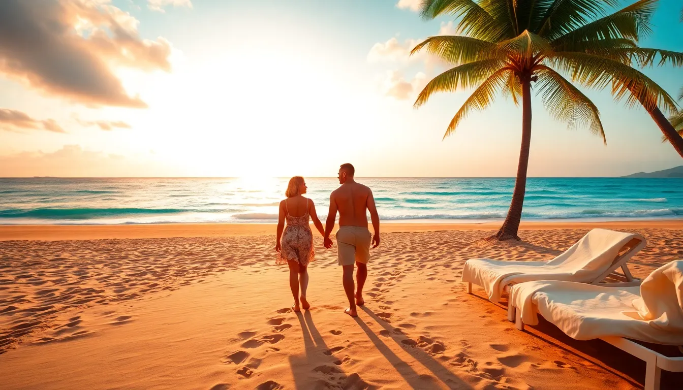 couple walking on a beach at sunset with palm trees.