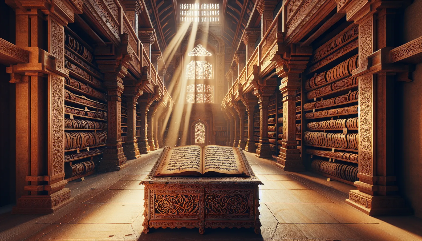 An ancient library with Tamil and Sanskrit manuscripts displayed prominently.