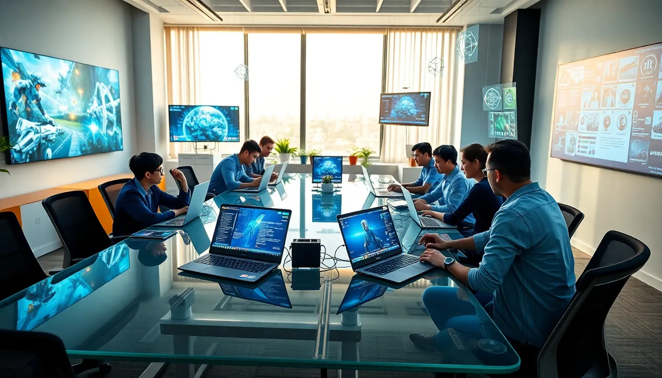 team collaborating in a modern game development studio.