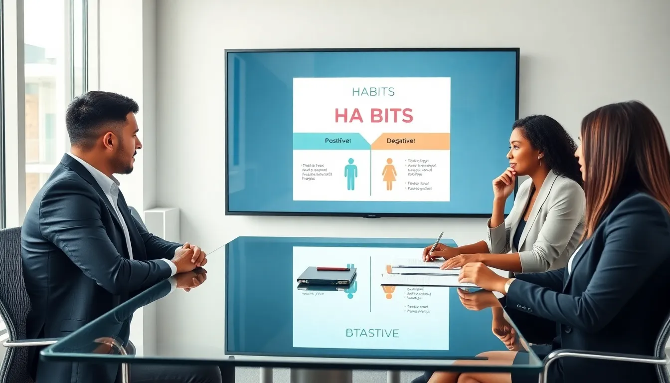 professionals discussing habits in a modern office setting.