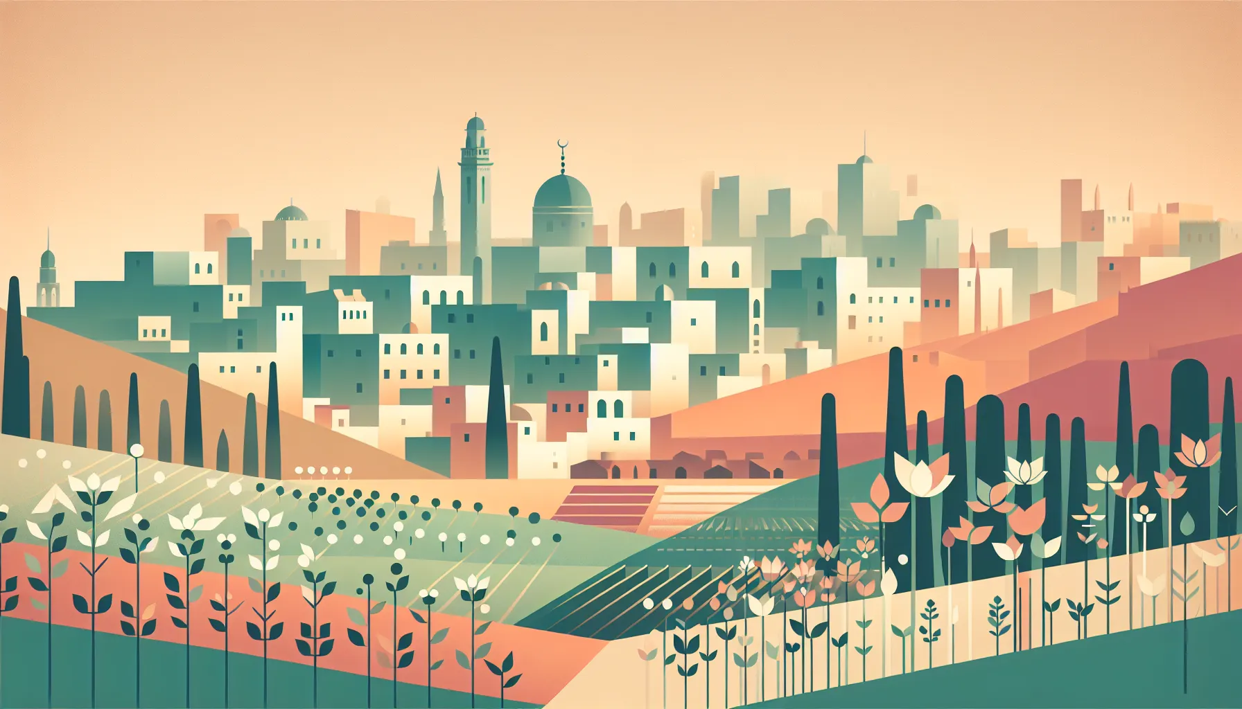 Ancient Jerusalem skyline with spring flowers and vineyard elements in minimal style.