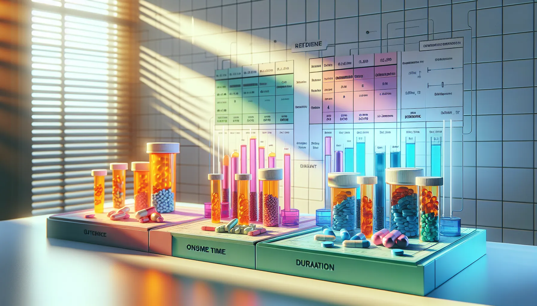 Comparison of Vyvanse and Adderall pills on a countertop.