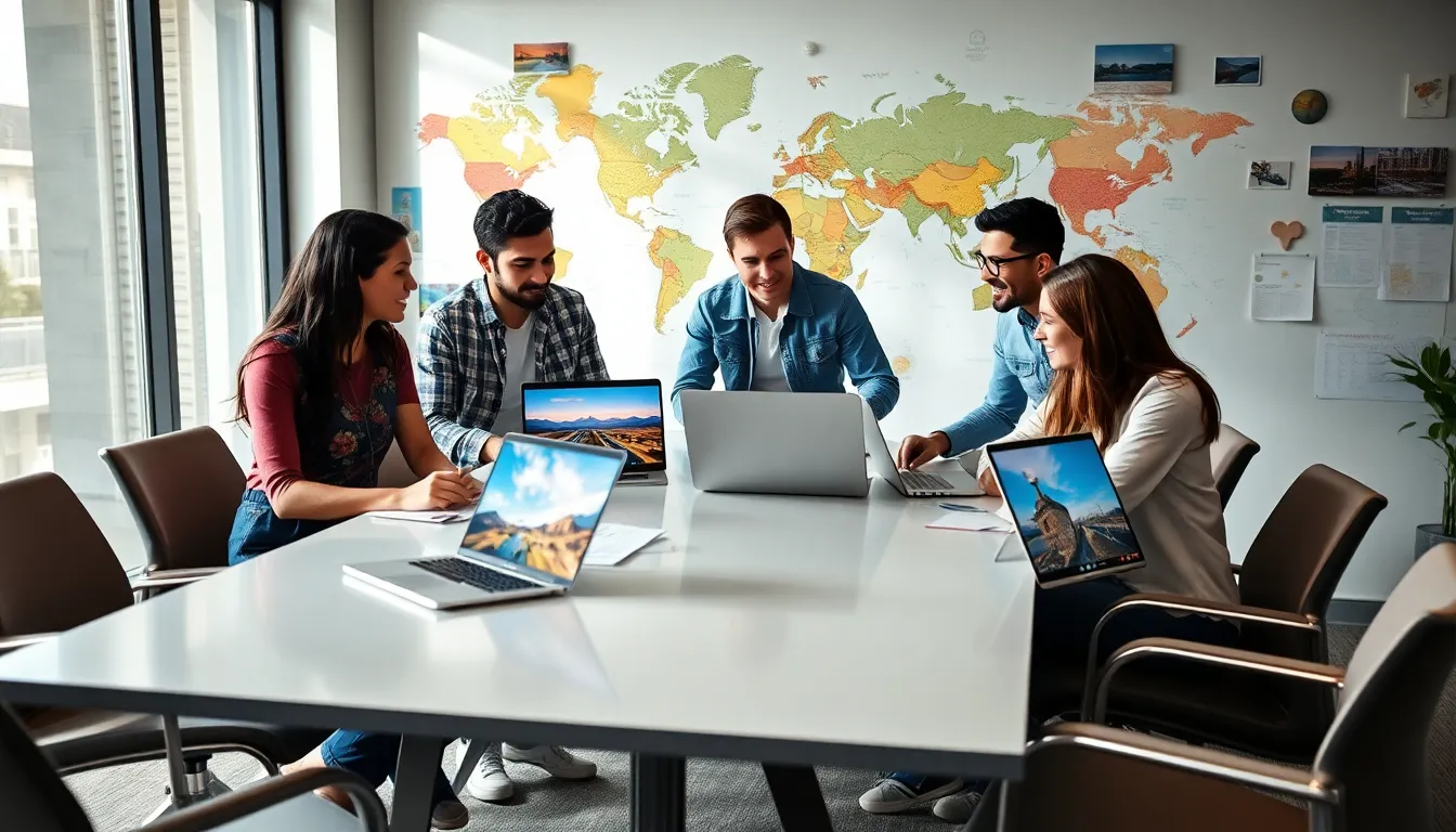 diverse team discussing travel ideas in a modern office.
