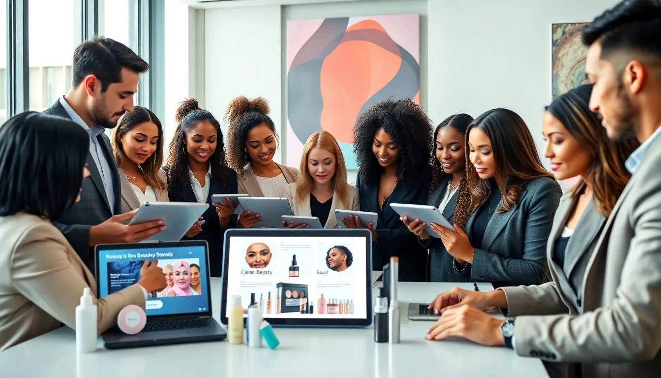 diverse professionals discussing beauty industry trends in a modern office.