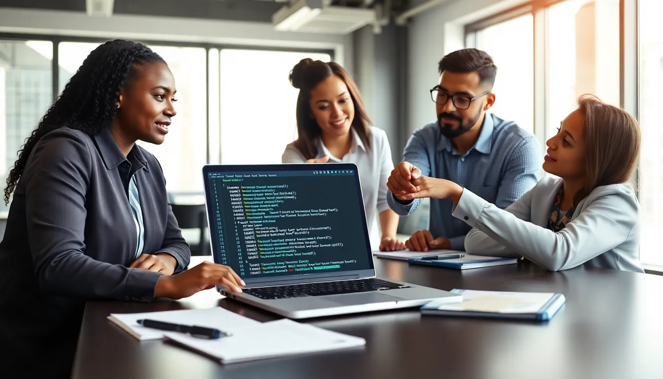 professionals discussing merge sort code in a modern office.