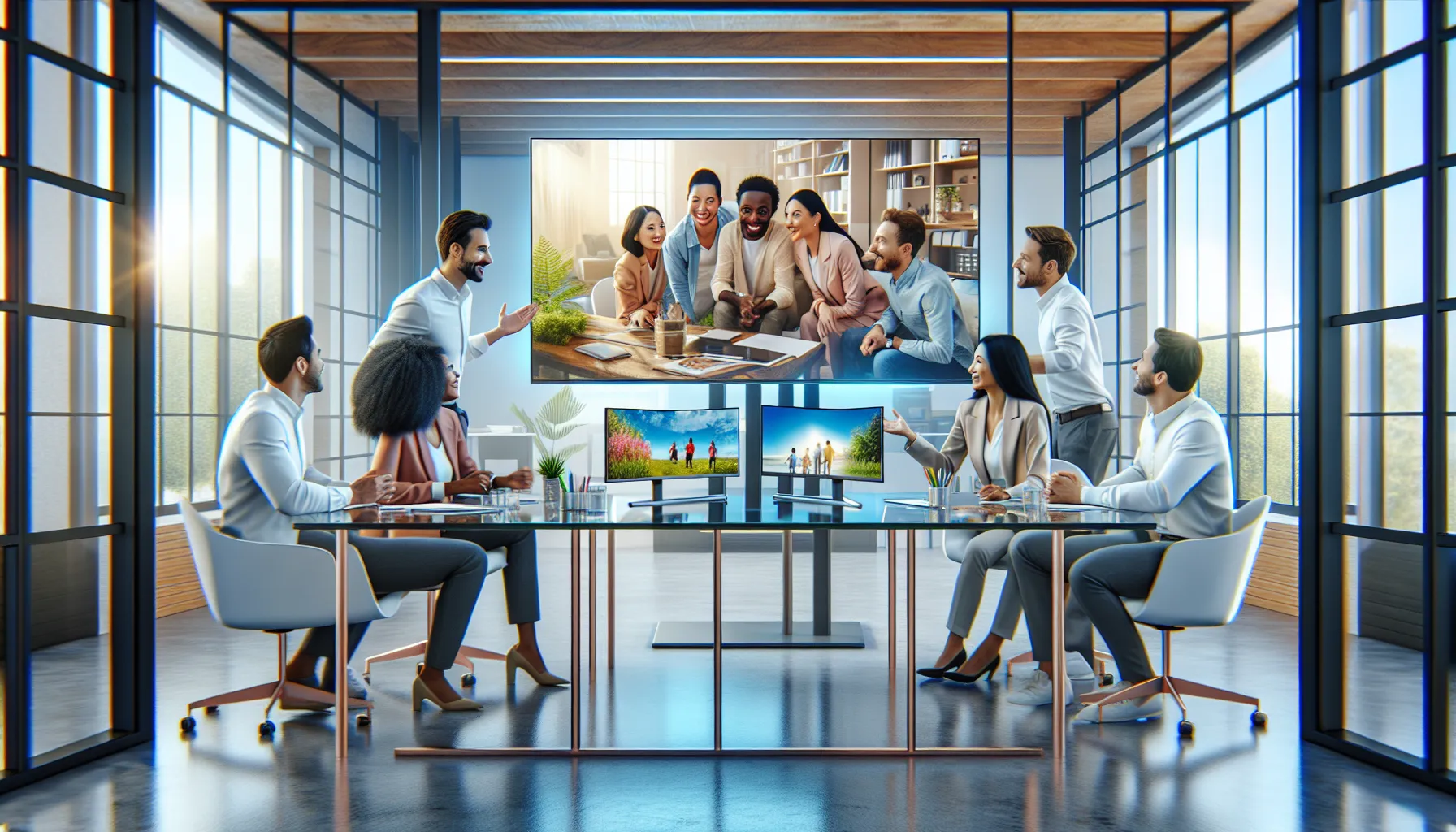 professionals collaborating at desks with IPS monitors displaying vibrant colors.