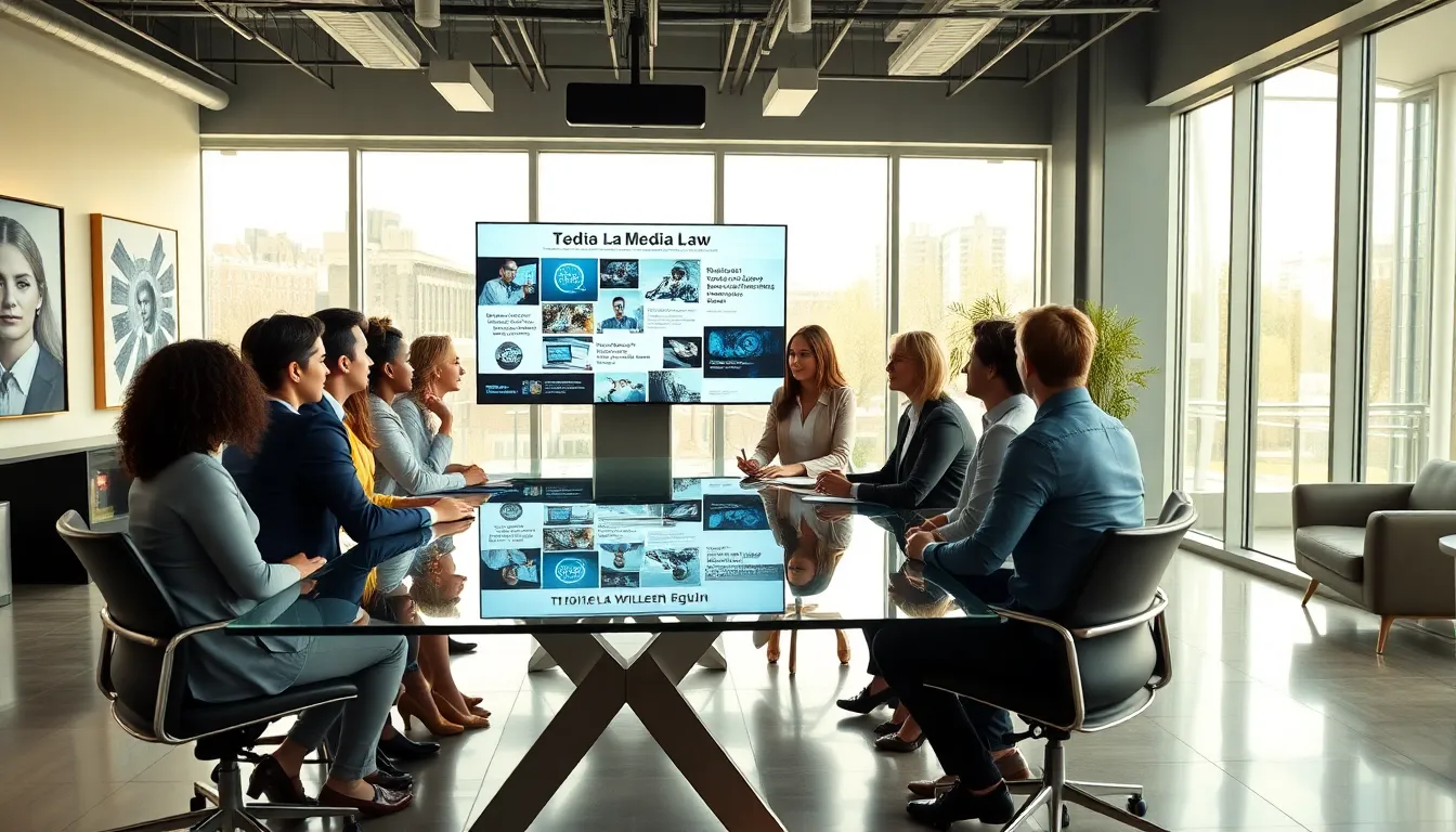 diverse media professionals discussing media law in a modern office.