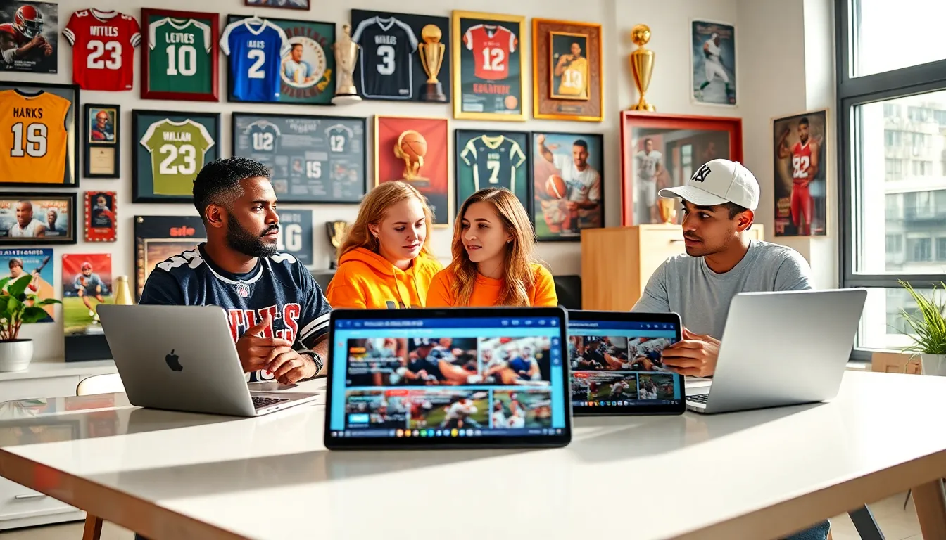 a diverse group discussing sports at a modern workspace.