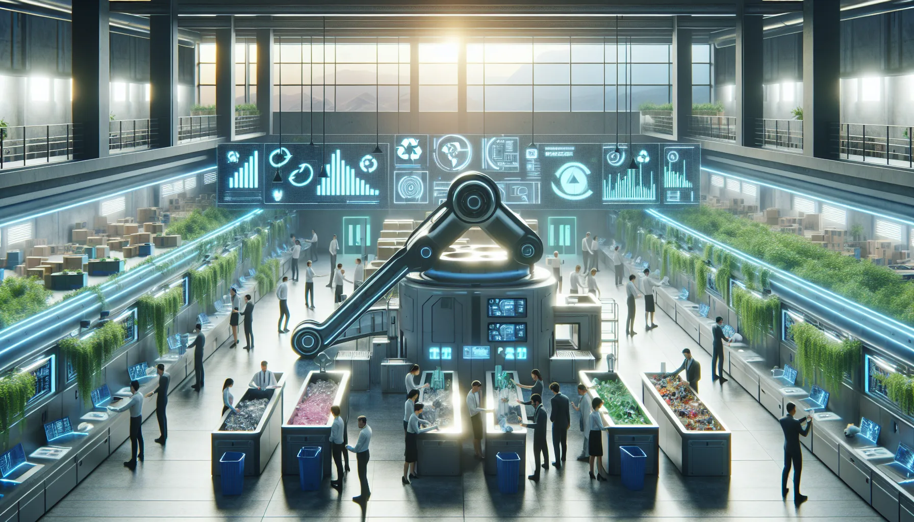 futuristic recycling facility with diverse team and advanced technology.