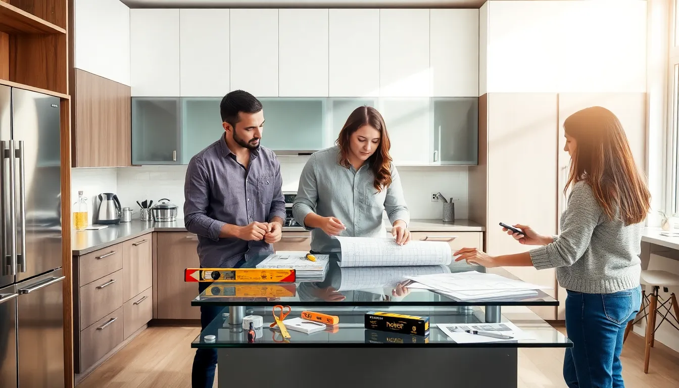diverse team discussing home renovation in a modern kitchen.