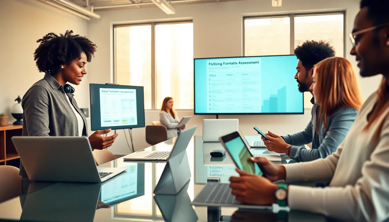 diverse educators using digital assessment tools in a modern classroom.