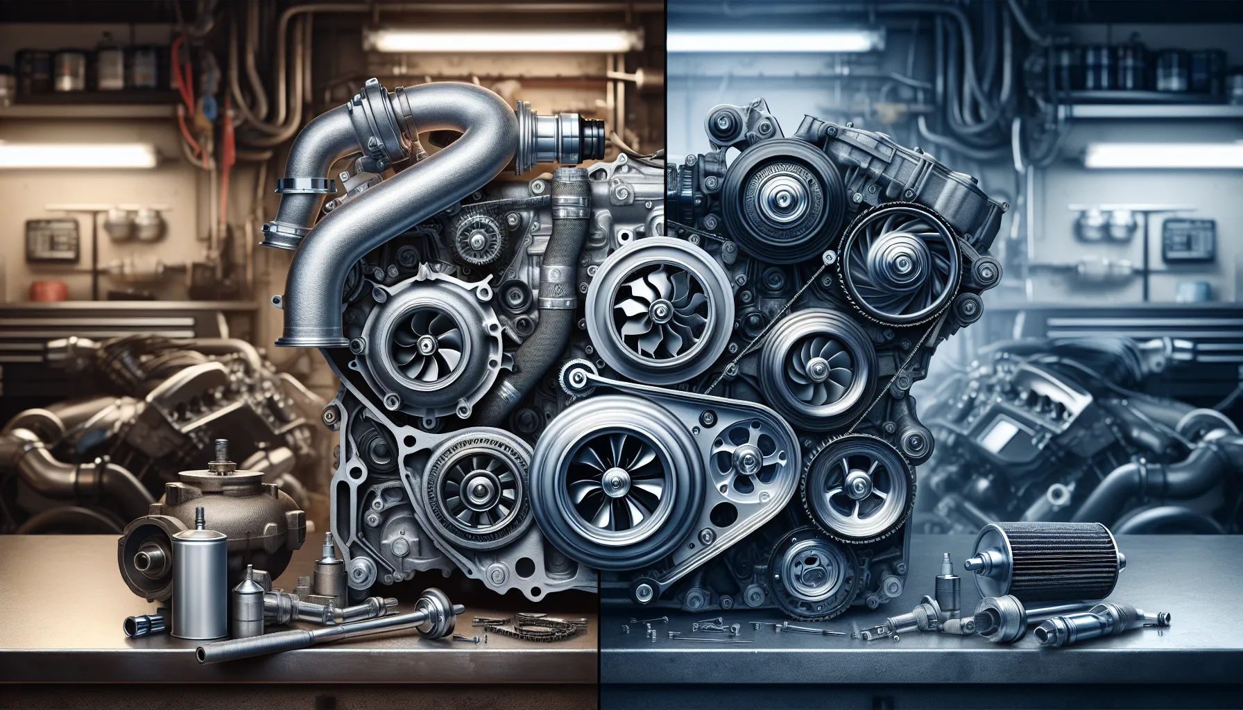 A comparison of a turbocharger and a supercharger displayed with engine components.