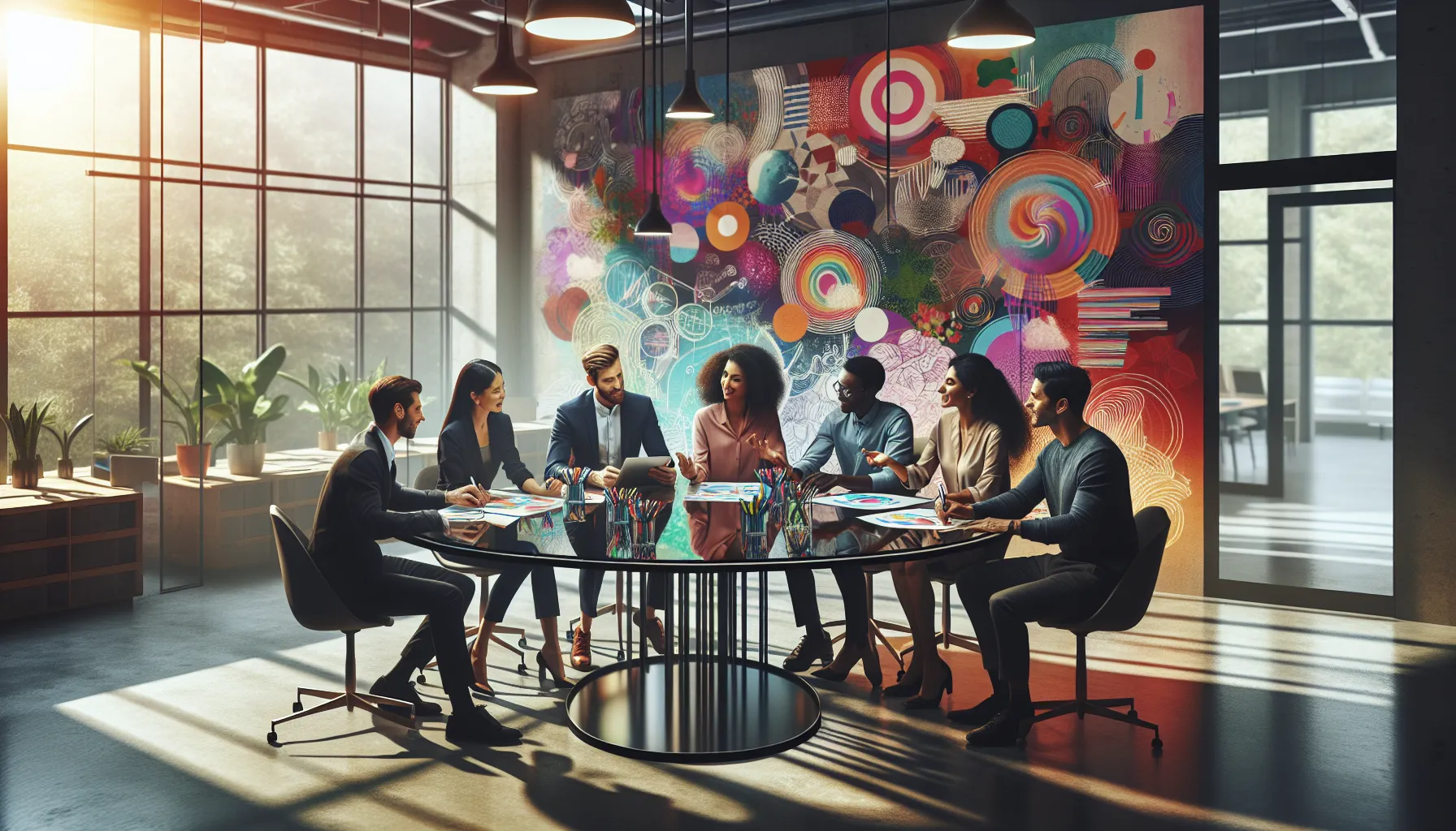 diverse team collaborating on creative projects in a modern workspace.