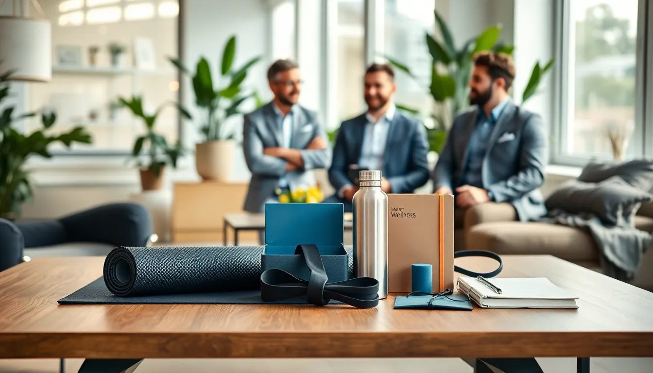 an assortment of wellness gifts for men in a modern office setting.