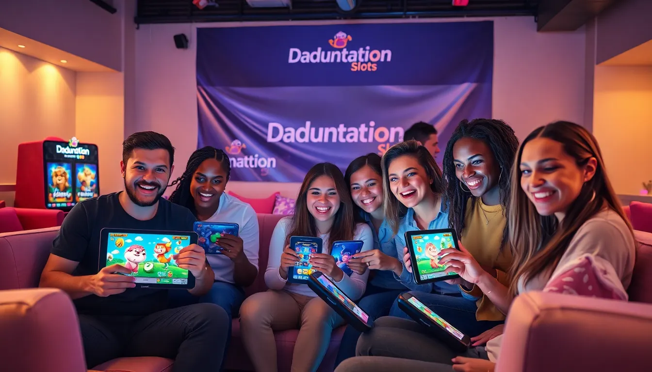 diverse gamers enjoying vibrant slot games on modern devices.