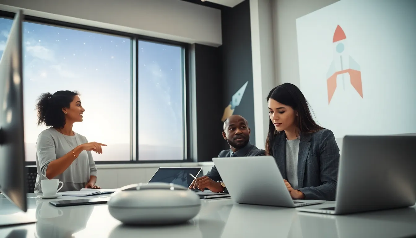 diverse team discussing space technology in a modern office.