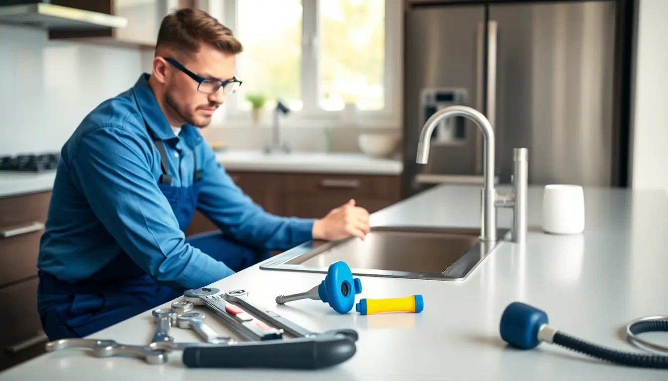 male plumber unclogging a drain in a modern kitchen.
