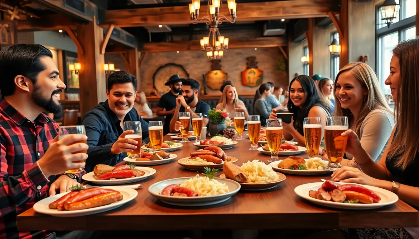 diverse group enjoying German cuisine in a vibrant restaurant.
