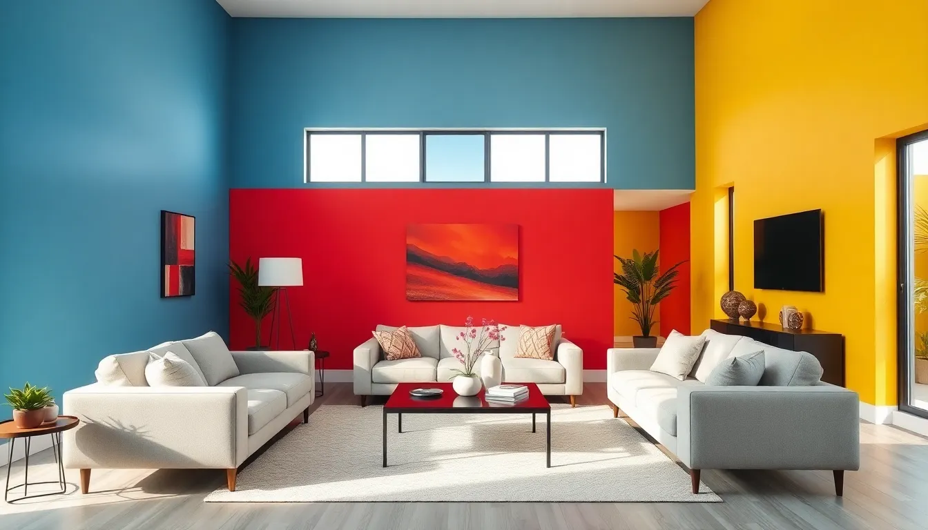 modern living room showcasing different wall colors and styles.