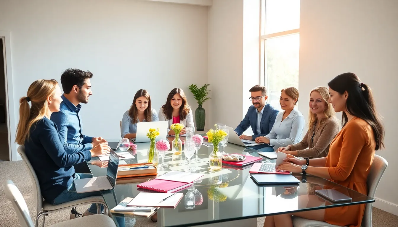 diverse professionals discussing budget-friendly event planning.