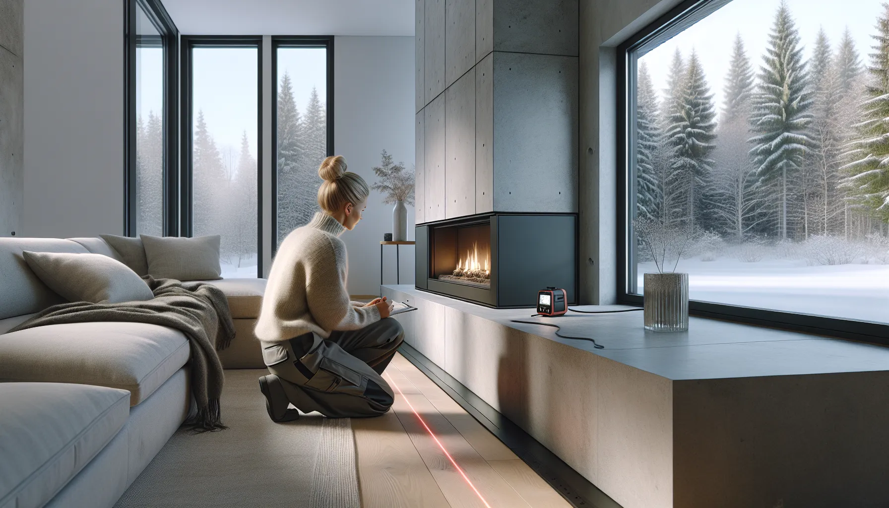 Installer measuring clearances for modern stone-clad fireplace in norwegian living room.