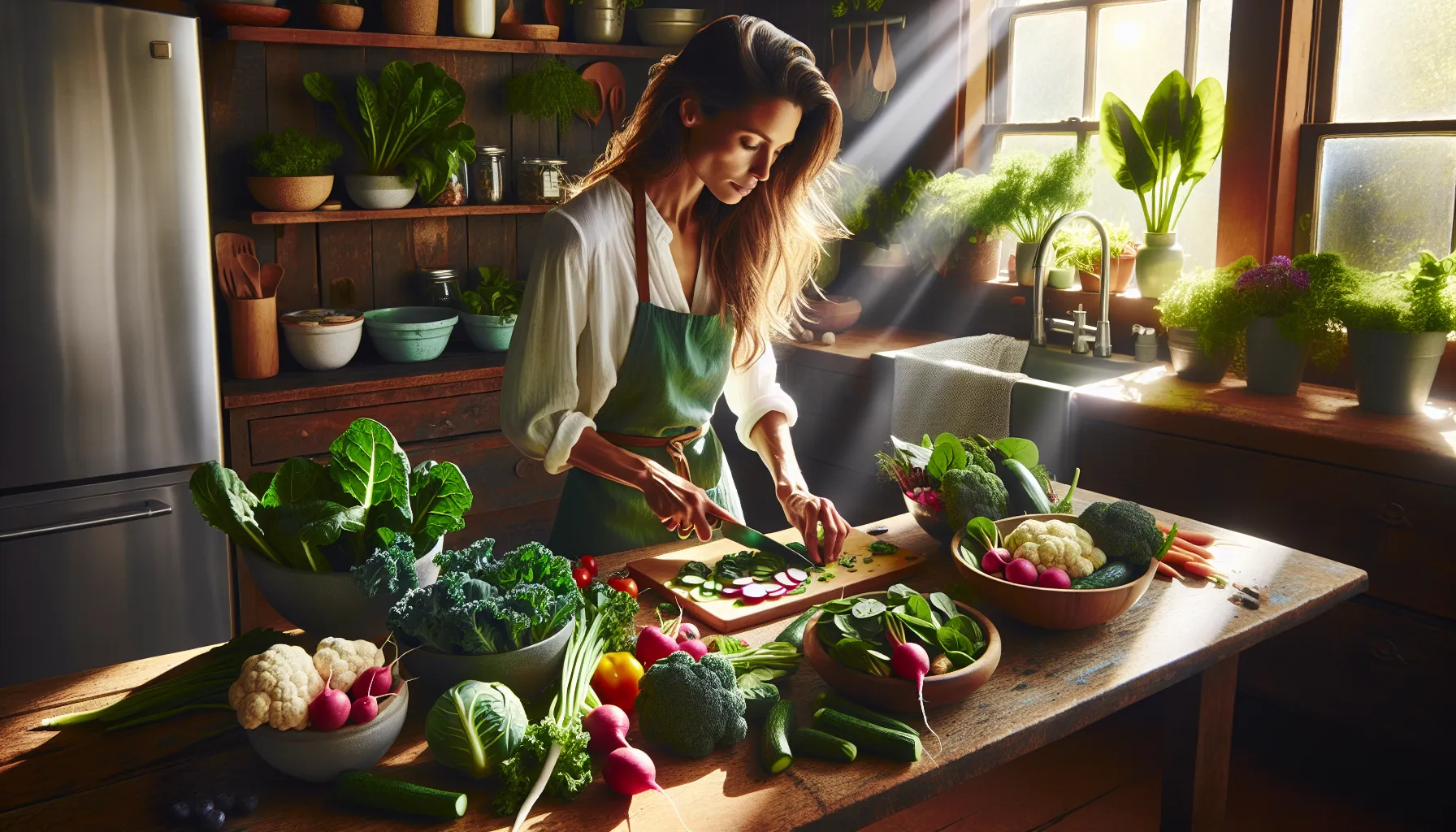A woman preparing a salad with colorful vegetables in a sunny kitchen.