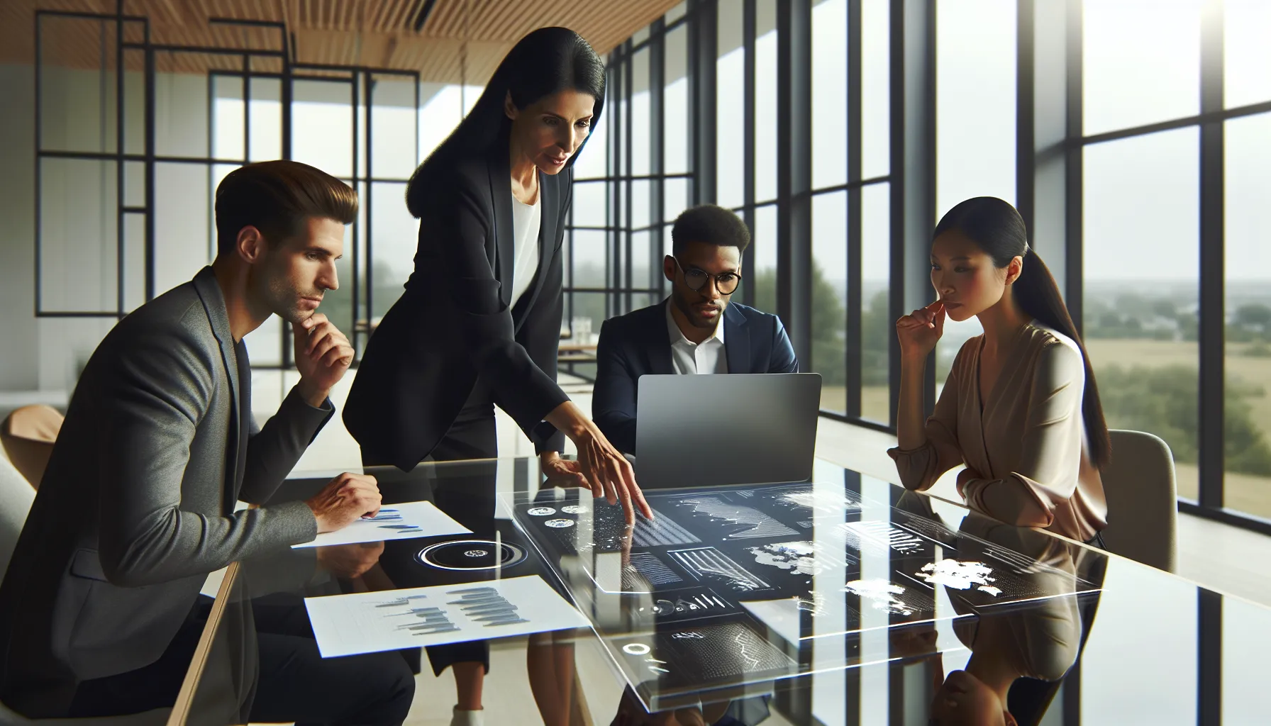 diverse team discussing data insights in a modern office.