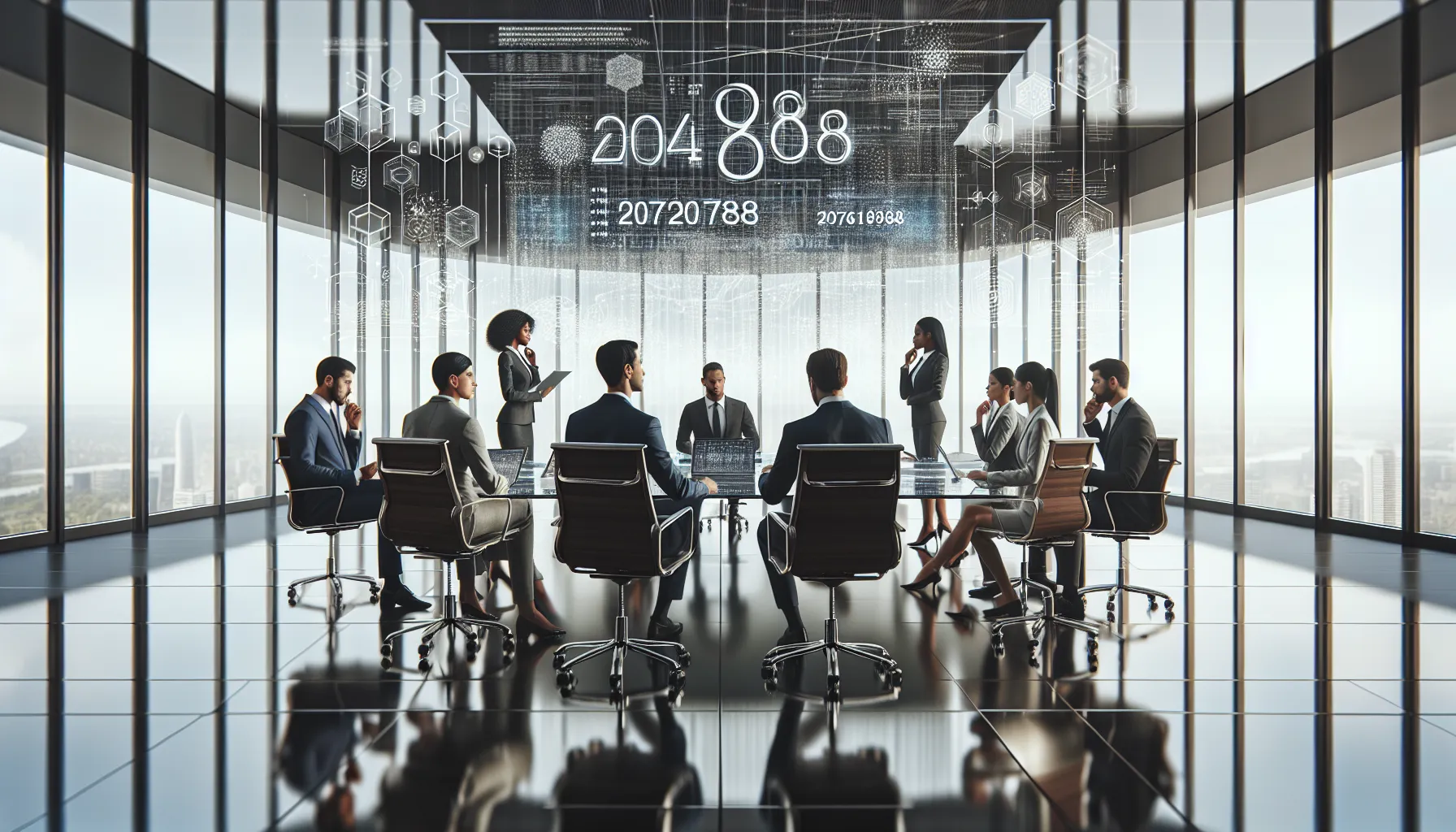 diverse professionals discussing data in a modern office setting.