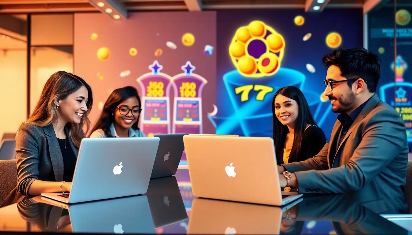 diverse professionals discussing online gaming in a modern office.