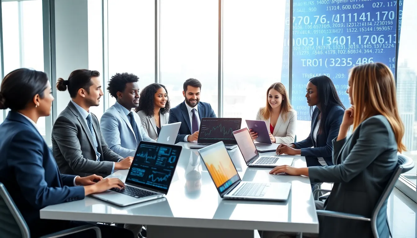 diverse professionals discussing data in a modern office.