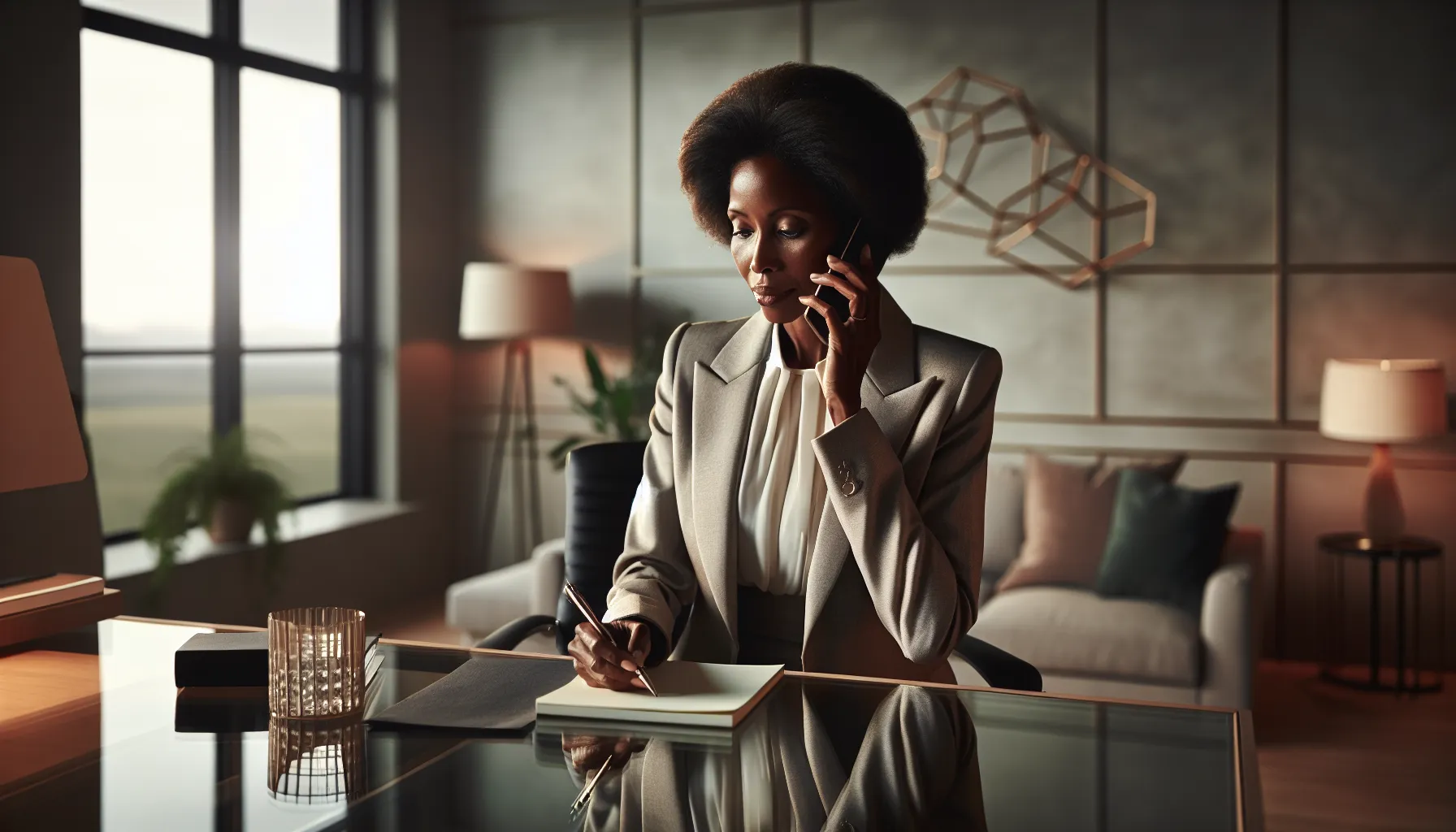 businesswoman in a modern office making a phone call.