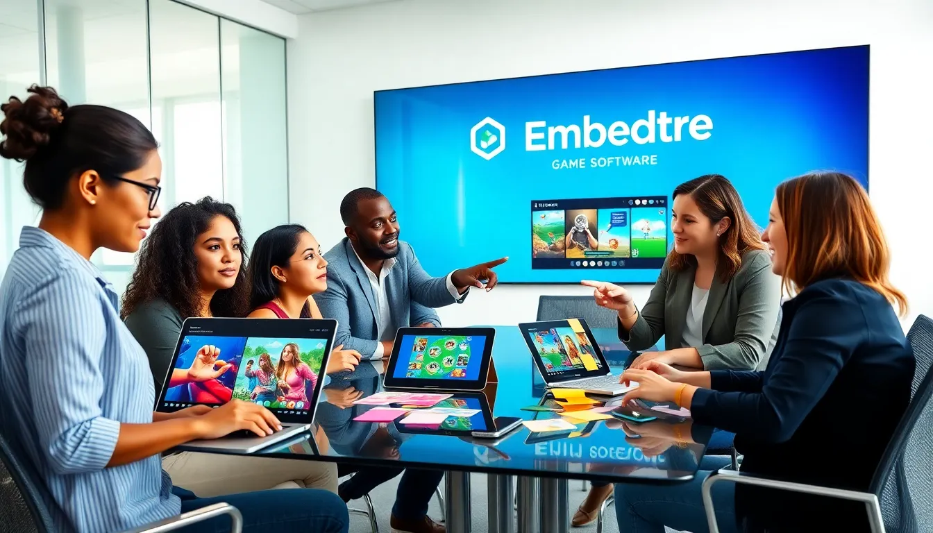 diverse team collaborating on game development in a modern office.