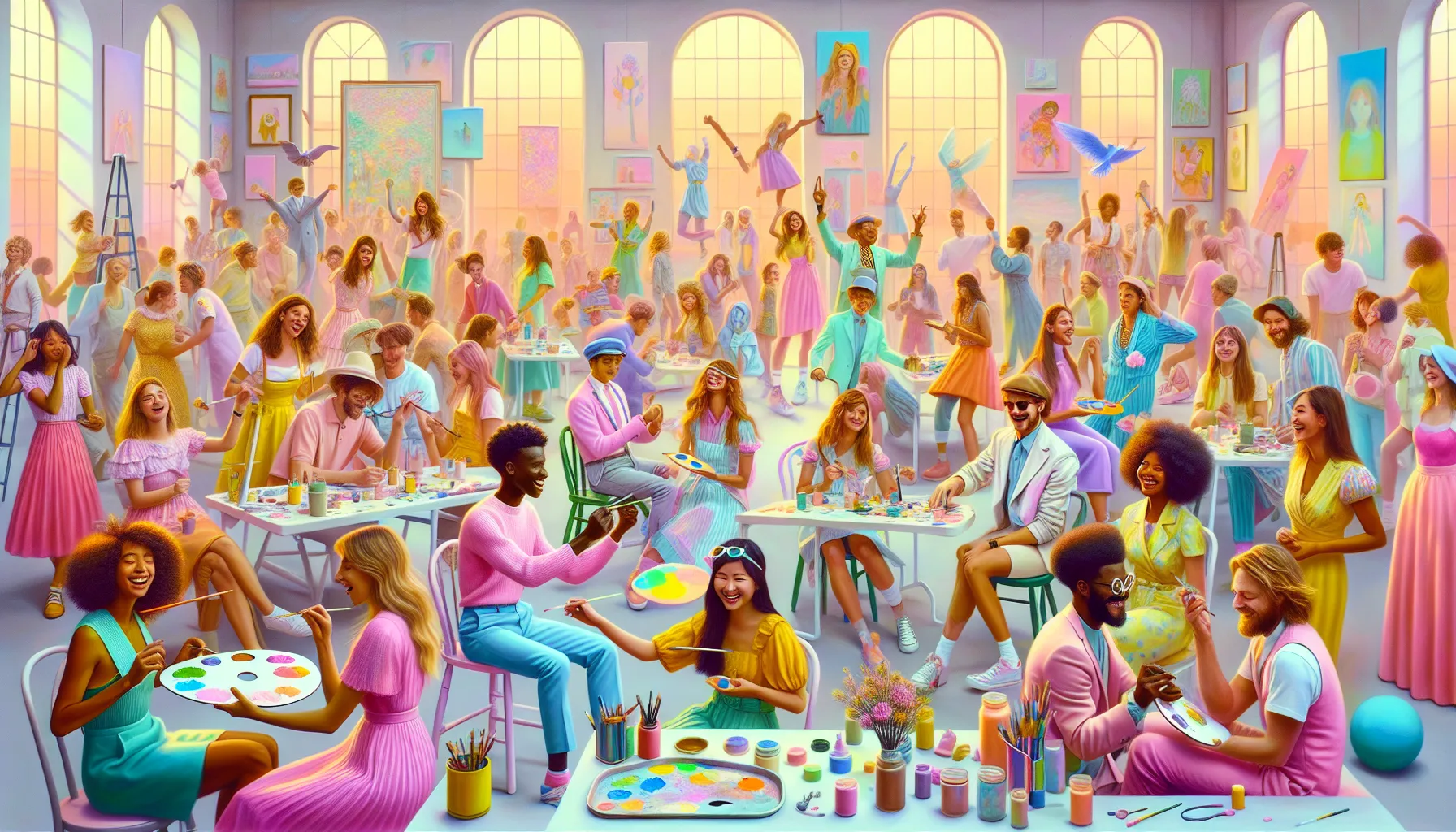 diverse group enjoying creative self-expression in a pastel-themed studio.