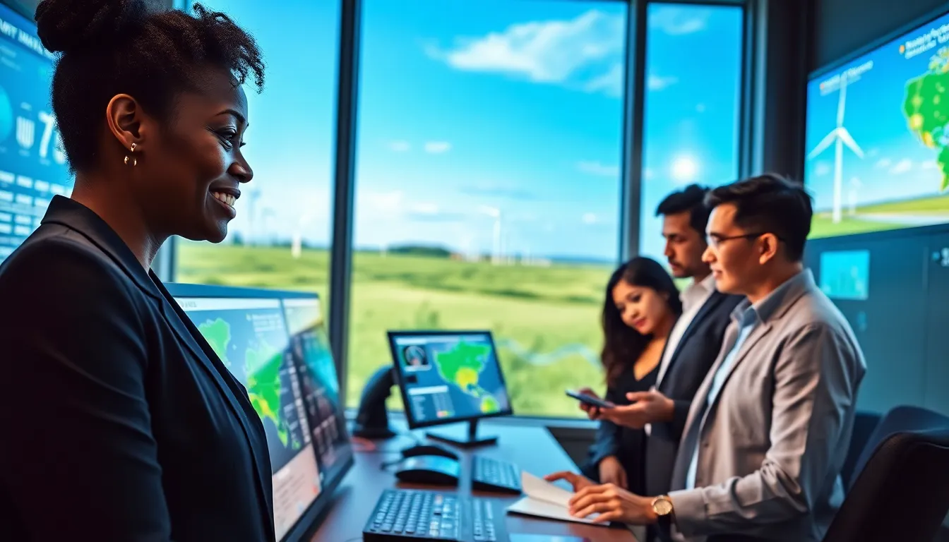A diverse team in a modern control room managing energy efficiency.