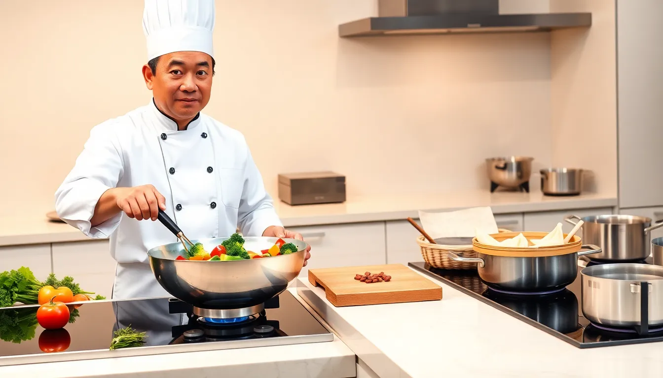 Chef demonstrating Chinese cooking techniques in a modern kitchen.