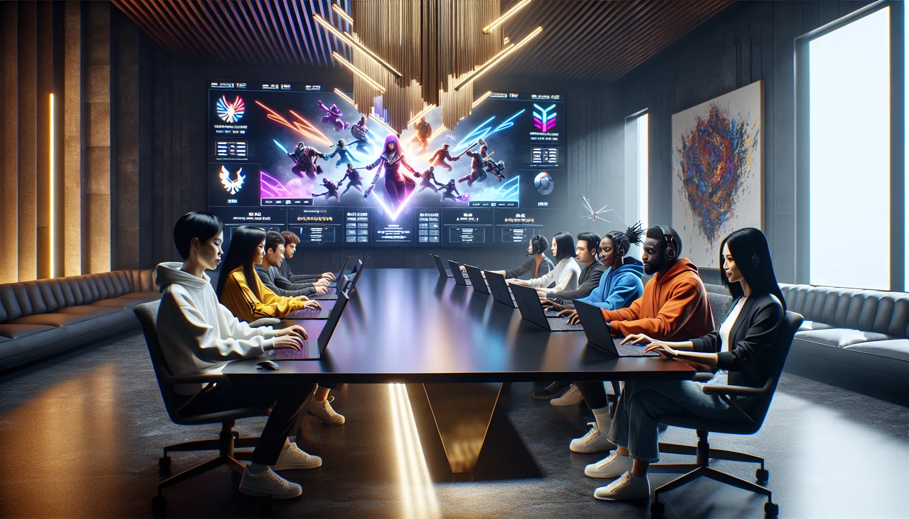 diverse gamers collaborating over gaming strategies in a bright office.