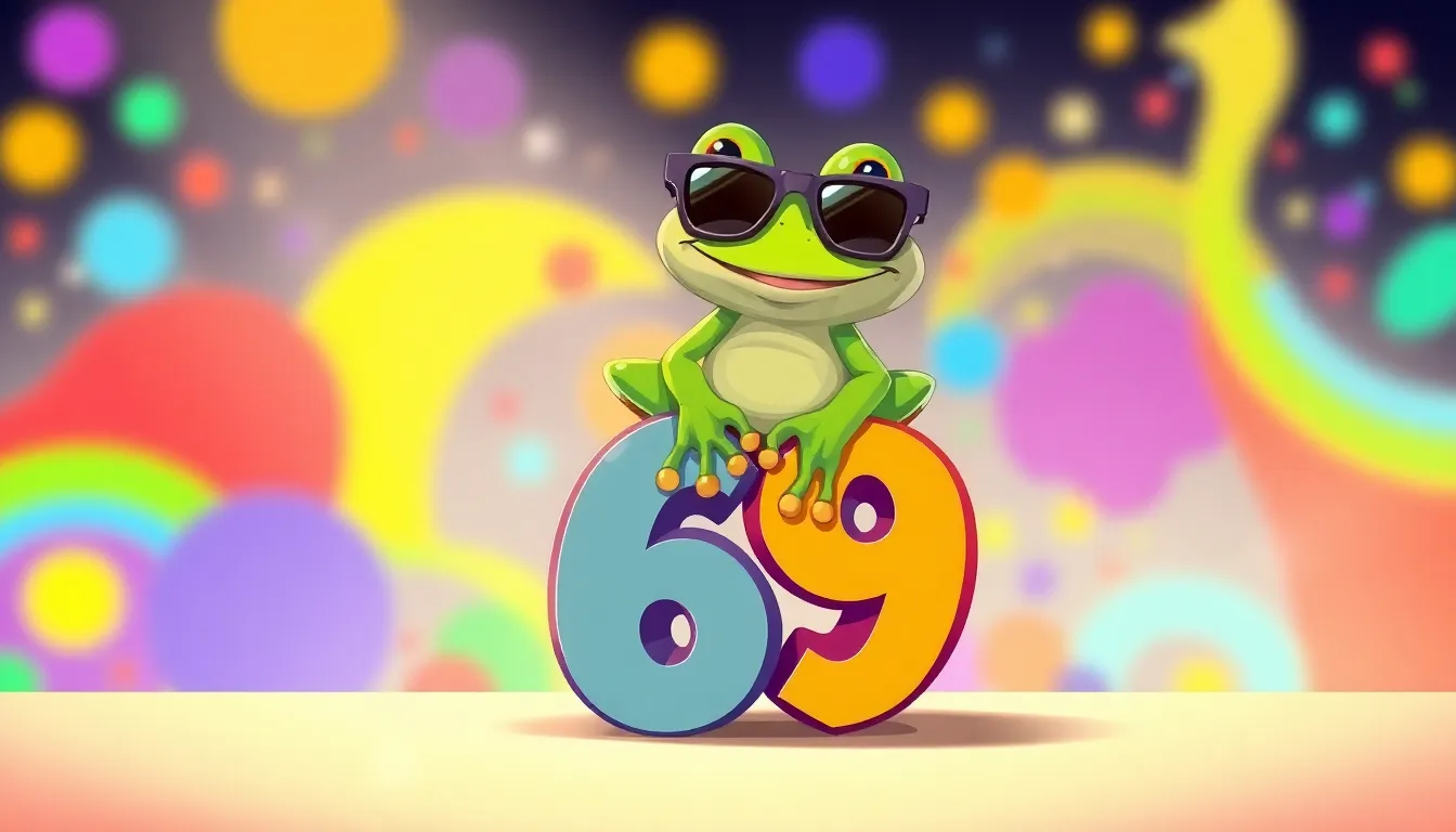playful cartoon frog with the number 69 in a colorful background.