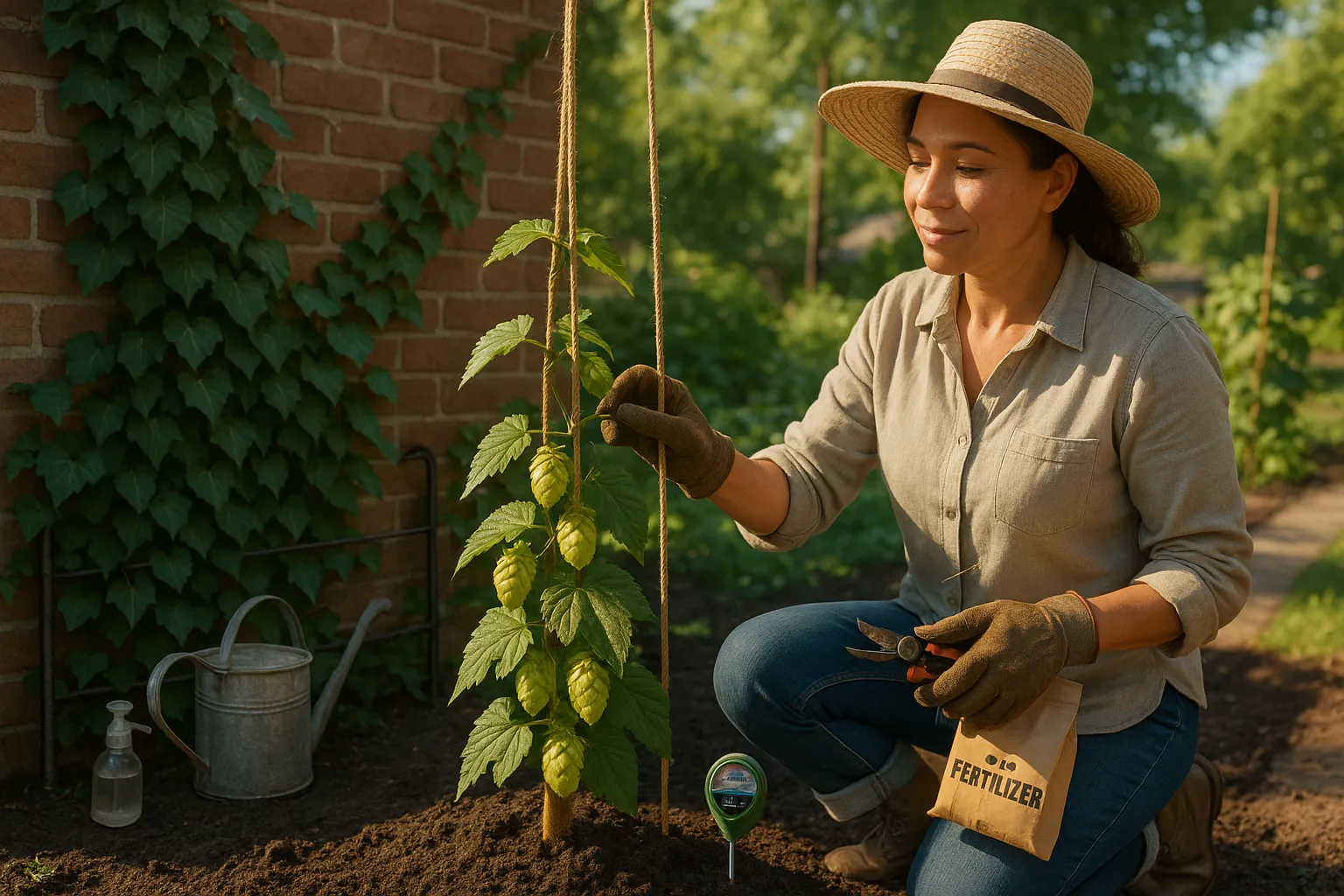 Gardener training sunlit hop bine beside ivy creeping on a shaded brick wall.