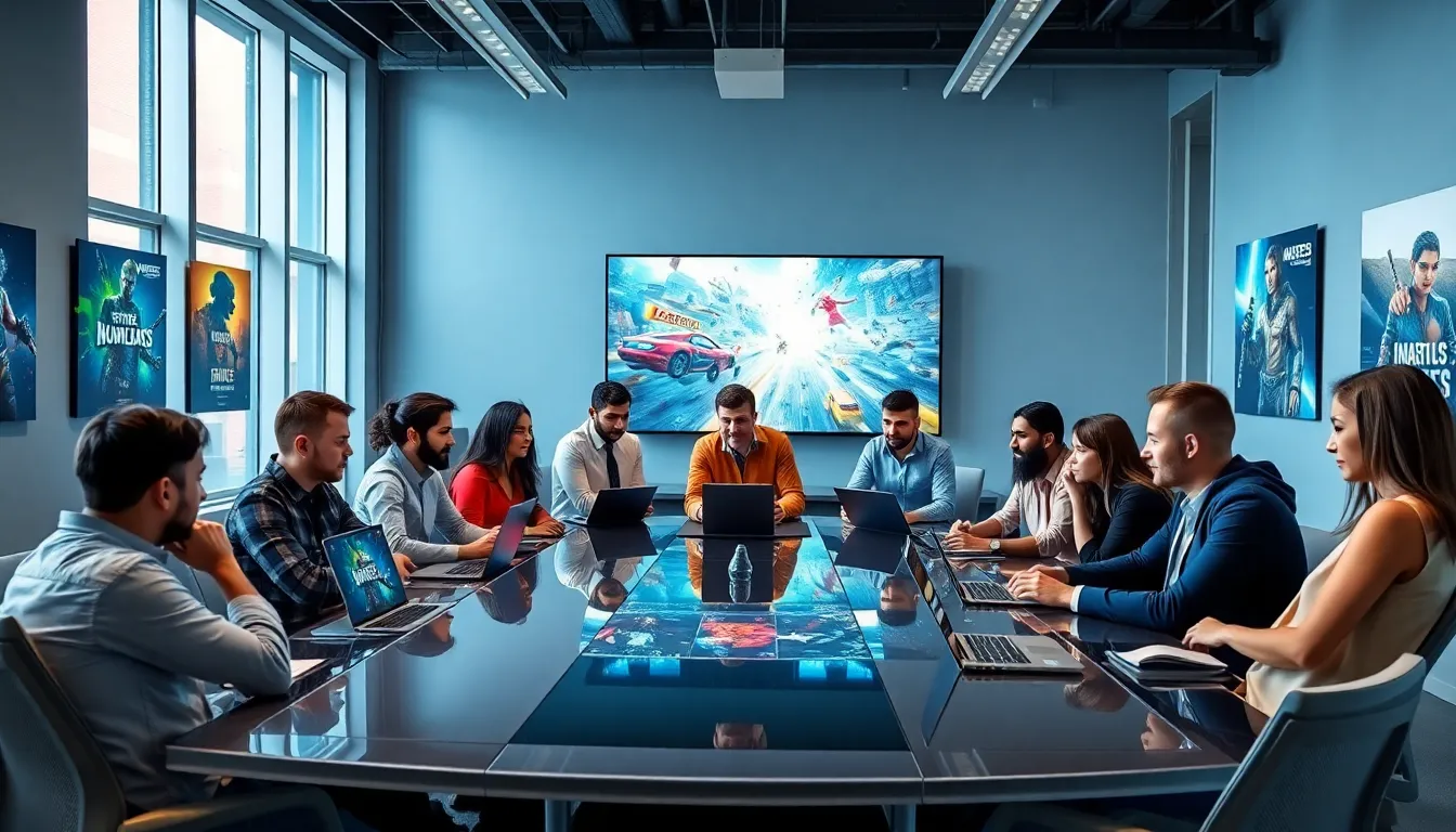 diverse team collaborating in a game development studio.